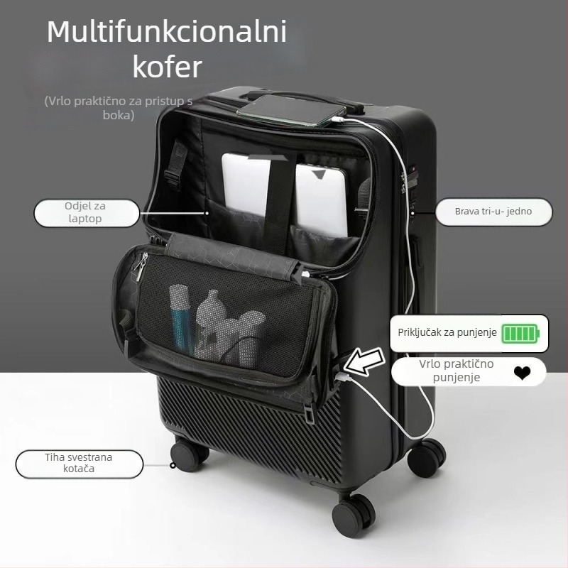 Putna torba s prednjim otvaranjem i USB, ABS+PC materijal, univerzalni kotači, brava s lozinkom
