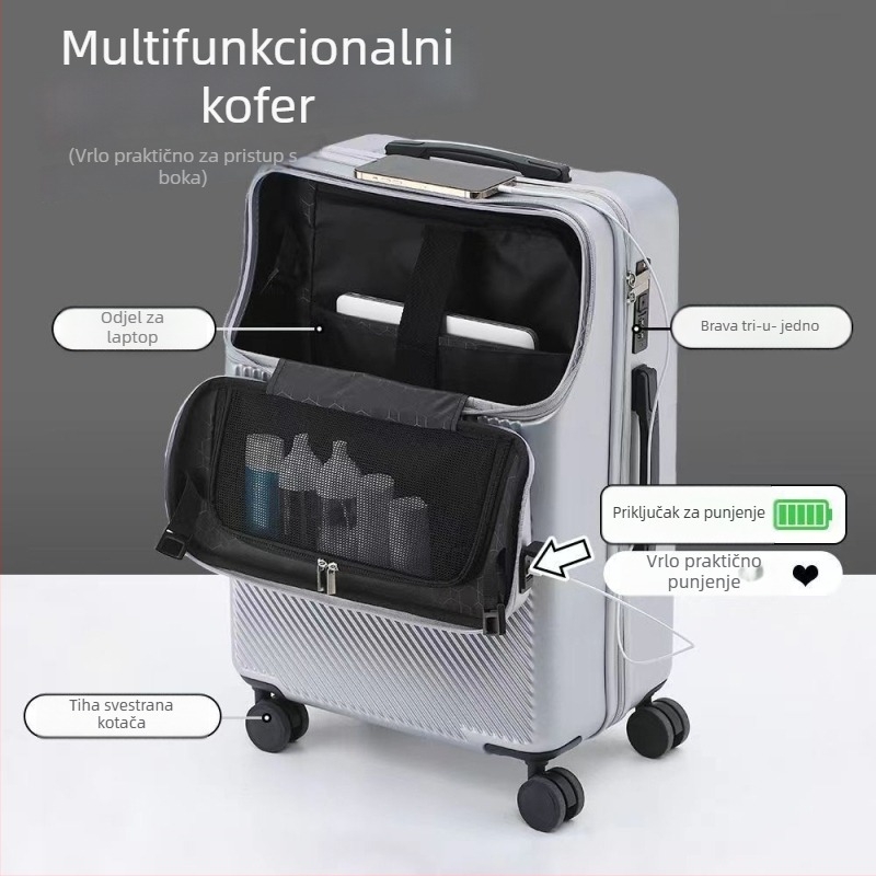 Putna torba s prednjim otvaranjem i USB, ABS+PC materijal, univerzalni kotači, brava s lozinkom