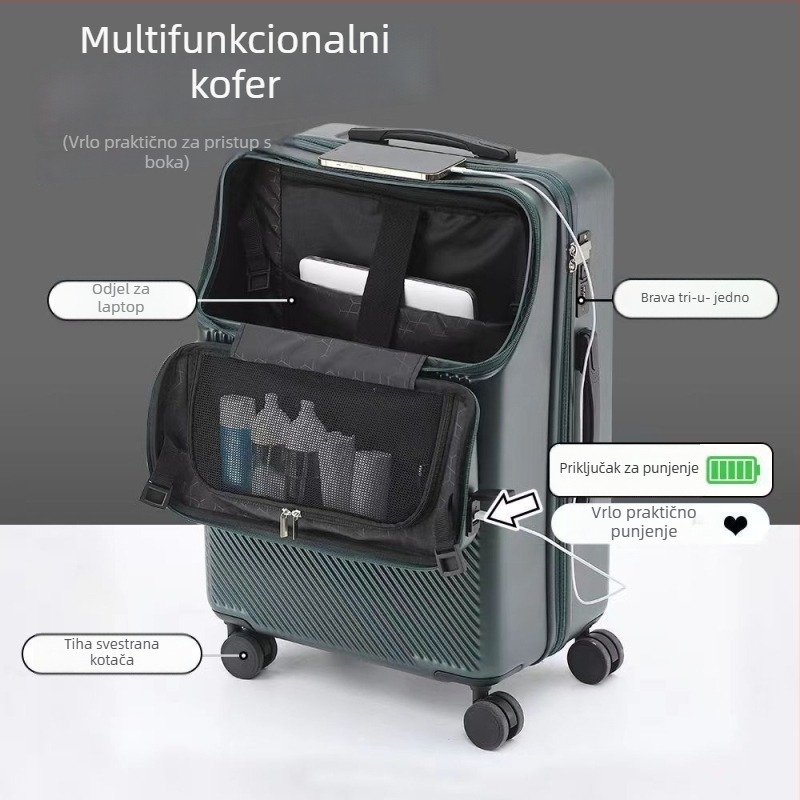 Putna torba s prednjim otvaranjem i USB, ABS+PC materijal, univerzalni kotači, brava s lozinkom