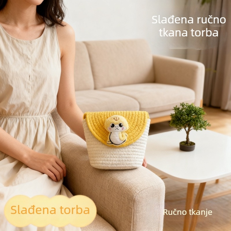 Dječja crossbody torba s poklopcem, pamuk i lan, ovalni oblik, poliester podstava