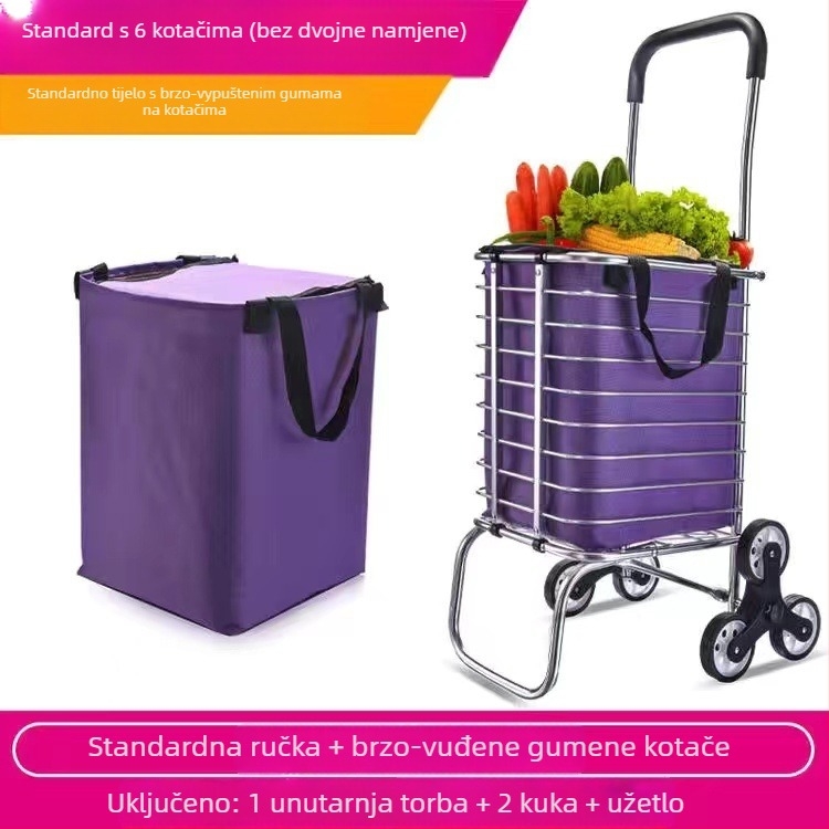 Prijenosni sklopivi kolica za kupovinu s četiri kotača od aluminijske legure, s mogućnošću uspinjanja uz stepenice