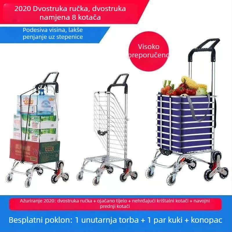 Prijenosni sklopivi kolica za kupovinu s četiri kotača od aluminijske legure, s mogućnošću uspinjanja uz stepenice
