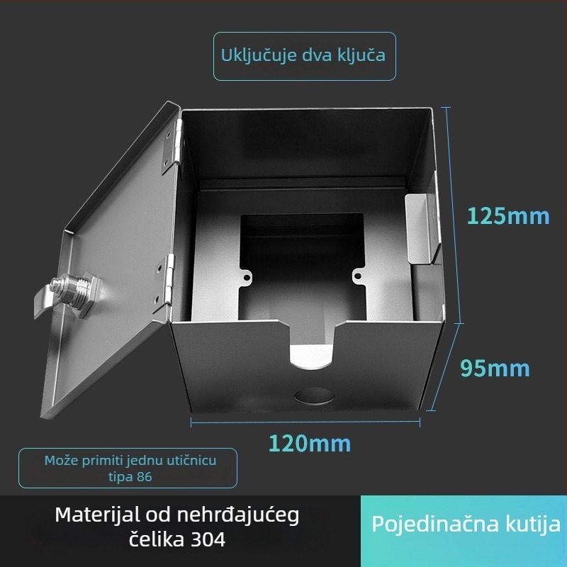 Vanjska utičnica tipa 86 s zaključavanjem, od nehrđajućeg čelika, vodootporna kutija za zaštitu punjenja – površinska ugradnja (IP45, 10A, 120×125×95 mm)