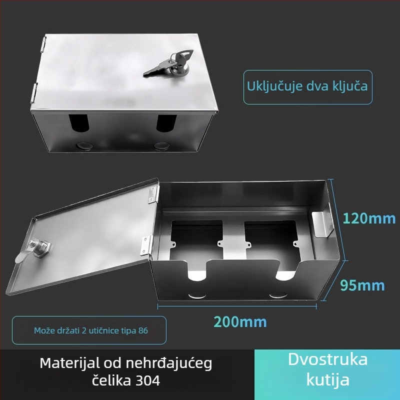 Vanjska utičnica tipa 86 s zaključavanjem, od nehrđajućeg čelika, vodootporna kutija za zaštitu punjenja – površinska ugradnja (IP45, 10A, 120×125×95 mm)