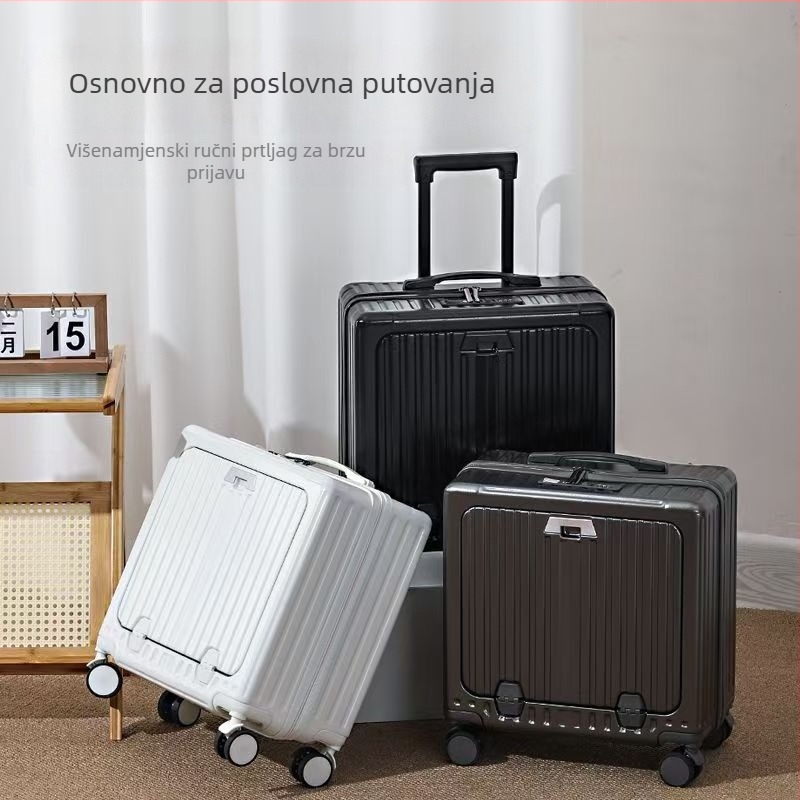 Kofer za ručni prtljag s prednjim otvaranjem, ABS+PC materijal, USB priključak, zaštita od krađe, kotači 360°.