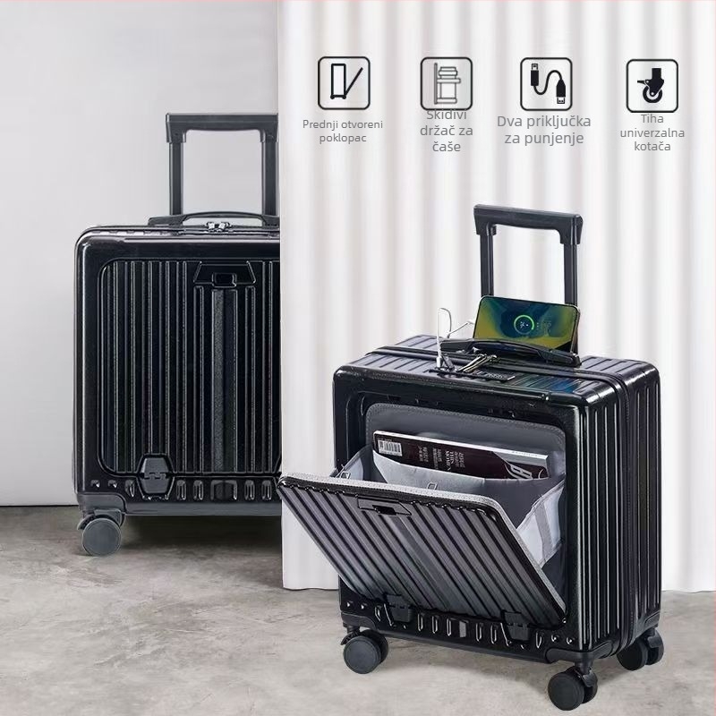 Kofer za ručni prtljag s prednjim otvaranjem, ABS+PC materijal, USB priključak, zaštita od krađe, kotači 360°.