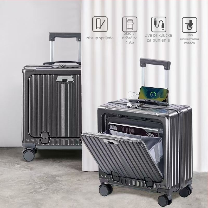 Kofer za ručni prtljag s prednjim otvaranjem, ABS+PC materijal, USB priključak, zaštita od krađe, kotači 360°.