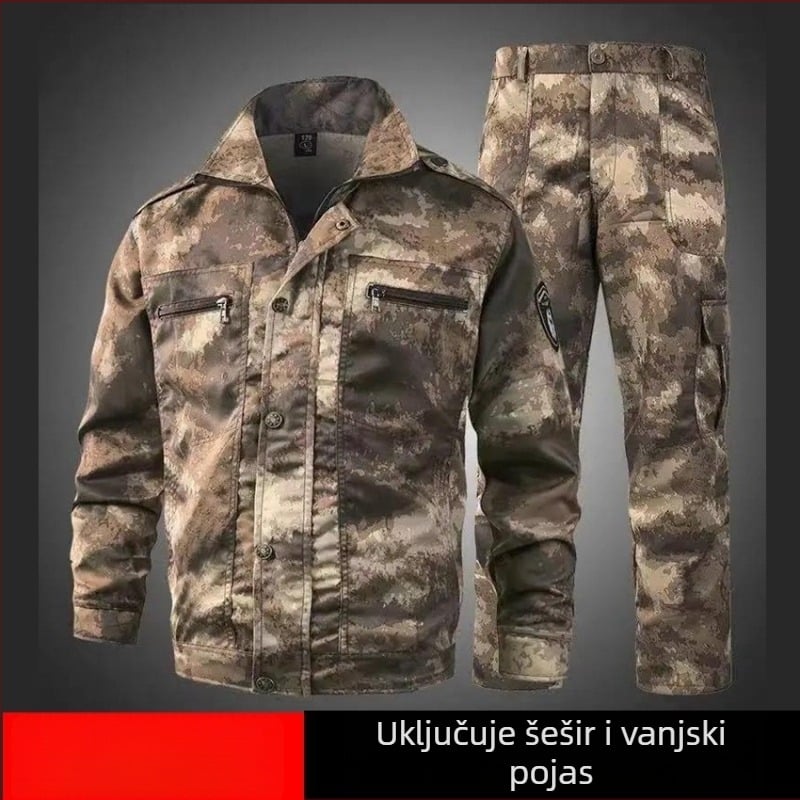 Kamuflažni radni komplet za vanjsku upotrebu, otporan na habanje, odvodi vlagu, pamuk-poliester materijal, 90% poliester, proljeće–jesen, za tvornicu