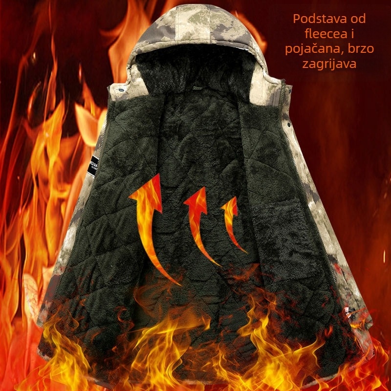 Muška maskirna jakna s kapuljačom – debeli zimski kaput, vodootporan i otporan na vjetar, prednji zip, srednja duljina