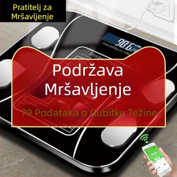 Vaga za masnoću tijela s Bluetoothom – inteligentna preciznost; mjeri tjelesnu težinu, masnoću, kalorije i vlagu; nosivost 180 kg; USB punjenje.