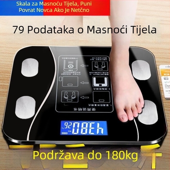 Vaga za masnoću tijela s Bluetoothom – inteligentna preciznost; mjeri tjelesnu težinu, masnoću, kalorije i vlagu; nosivost 180 kg; USB punjenje.