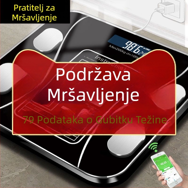 Vaga za masnoću tijela s Bluetoothom – inteligentna preciznost; mjeri tjelesnu težinu, masnoću, kalorije i vlagu; nosivost 180 kg; USB punjenje.