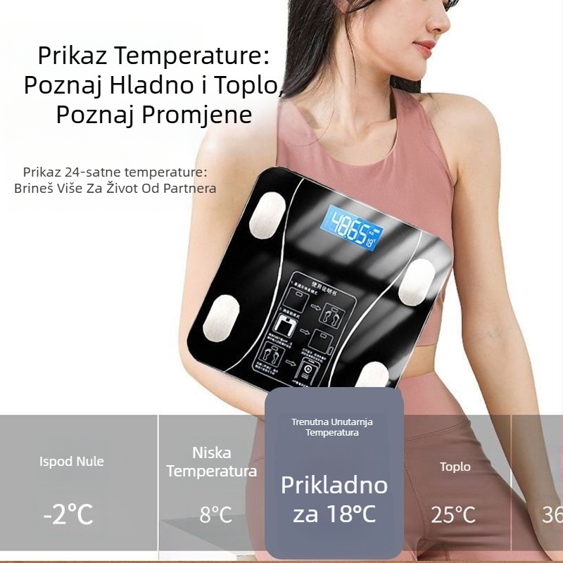 Vaga za masnoću tijela s Bluetoothom – inteligentna preciznost; mjeri tjelesnu težinu, masnoću, kalorije i vlagu; nosivost 180 kg; USB punjenje.