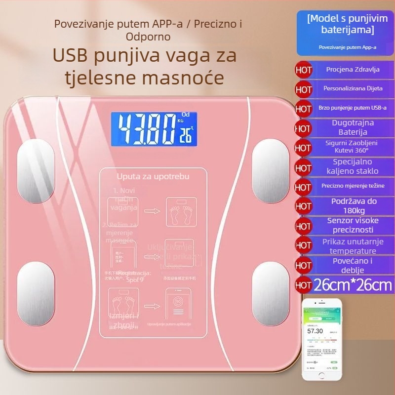 Vaga za masnoću tijela s Bluetoothom – inteligentna preciznost; mjeri tjelesnu težinu, masnoću, kalorije i vlagu; nosivost 180 kg; USB punjenje.