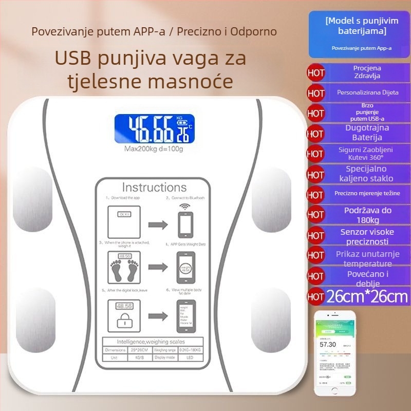 Vaga za masnoću tijela s Bluetoothom – inteligentna preciznost; mjeri tjelesnu težinu, masnoću, kalorije i vlagu; nosivost 180 kg; USB punjenje.