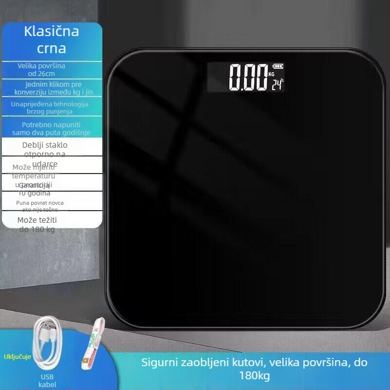 Vaga za masnoću tijela s Bluetoothom – inteligentna preciznost; mjeri tjelesnu težinu, masnoću, kalorije i vlagu; nosivost 180 kg; USB punjenje.