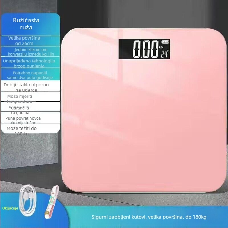 Vaga za masnoću tijela s Bluetoothom – inteligentna preciznost; mjeri tjelesnu težinu, masnoću, kalorije i vlagu; nosivost 180 kg; USB punjenje.