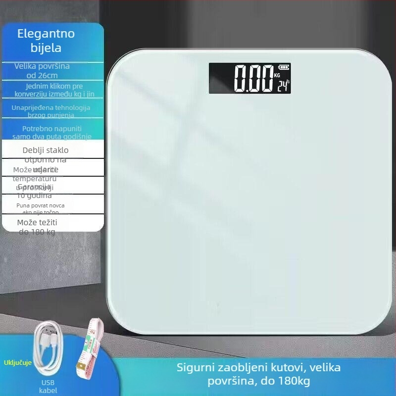 Vaga za masnoću tijela s Bluetoothom – inteligentna preciznost; mjeri tjelesnu težinu, masnoću, kalorije i vlagu; nosivost 180 kg; USB punjenje.