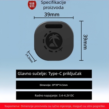 GPS real-time lokator Beidou — točnost 5 m, memorija 128 MB, dimenzije 39×39×14,5 mm, 480 mAh polimernа baterija, alarmi: vibracija, nestanak napajanja, mobilno upozorenje, geofence, prekoračenje brzine, karte: Amap/Baidu/Google
