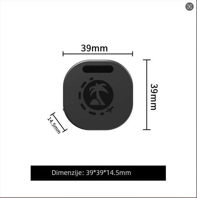 GPS real-time lokator Beidou — točnost 5 m, memorija 128 MB, dimenzije 39×39×14,5 mm, 480 mAh polimernа baterija, alarmi: vibracija, nestanak napajanja, mobilno upozorenje, geofence, prekoračenje brzine, karte: Amap/Baidu/Google