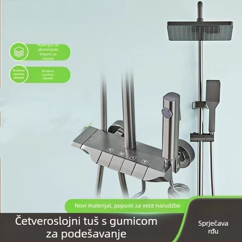 Set tuš od svemirskog aluminija, grafitno siva, dizajn inspiriran nosačem zrakoplova s tipkama u stilu klavijature klavira, zidni ugradbeni sustav, moderni minimalistički stil