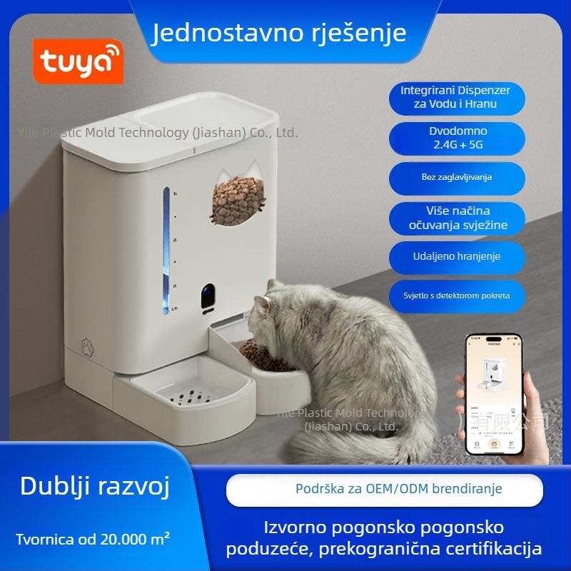 Automatska hranilica za mačke velikog kapaciteta, integrirani sustav vode i hrane, kamera, upravljanje putem aplikacije. Model SY-F6; Djeljivi dizajn; Težina 3,3 kg