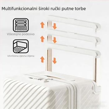 Putni kofer velikog kapaciteta sa širokom ručkom, ABS+PC materijal, univerzalni kotači, otvaranje na zip, običan kombinacijski zaključak