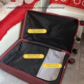 Putni kofer velikog kapaciteta sa širokom ručkom, ABS+PC materijal, univerzalni kotači, otvaranje na zip, običan kombinacijski zaključak