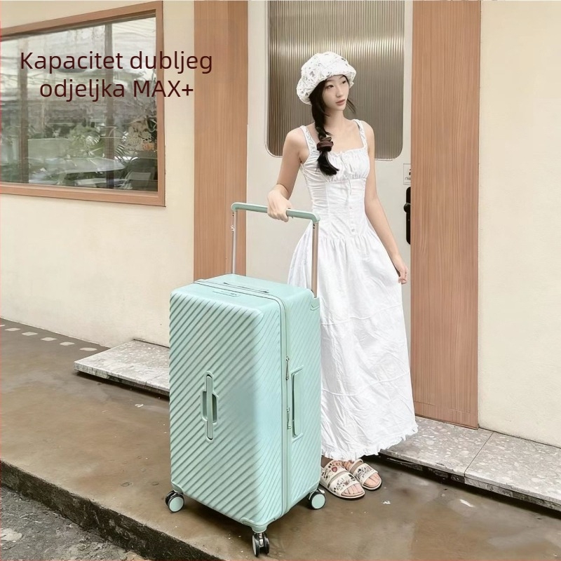 Putni kofer velikog kapaciteta sa širokom ručkom, ABS+PC materijal, univerzalni kotači, otvaranje na zip, običan kombinacijski zaključak