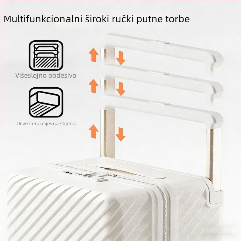 Putni kofer velikog kapaciteta sa širokom ručkom, ABS+PC materijal, univerzalni kotači, otvaranje na zip, običan kombinacijski zaključak