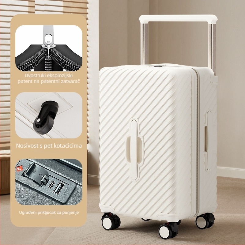 Putni kofer velikog kapaciteta sa širokom ručkom, ABS+PC materijal, univerzalni kotači, otvaranje na zip, običan kombinacijski zaključak