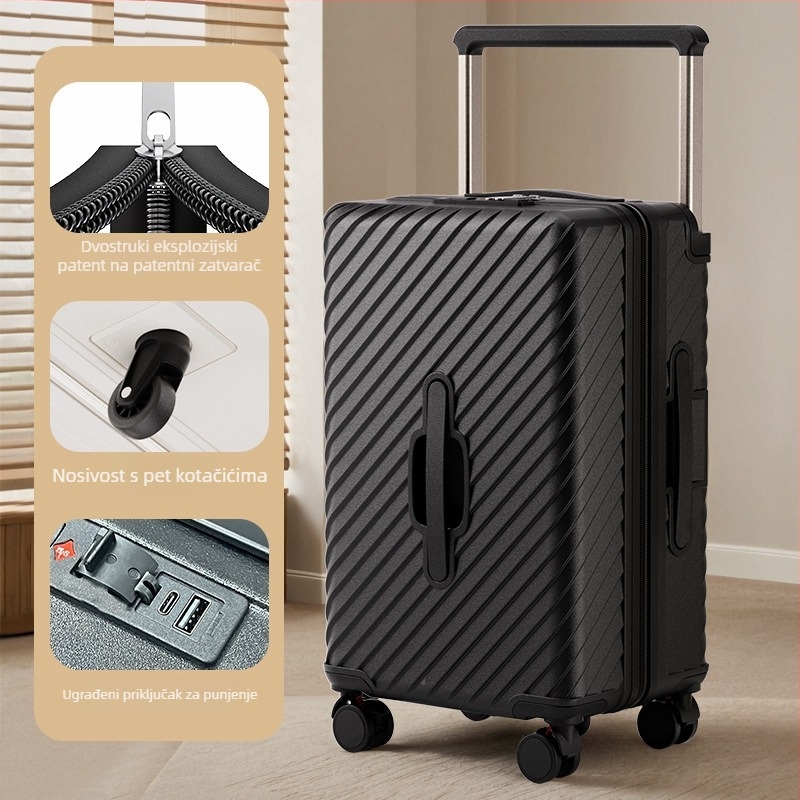 Putni kofer velikog kapaciteta sa širokom ručkom, ABS+PC materijal, univerzalni kotači, otvaranje na zip, običan kombinacijski zaključak