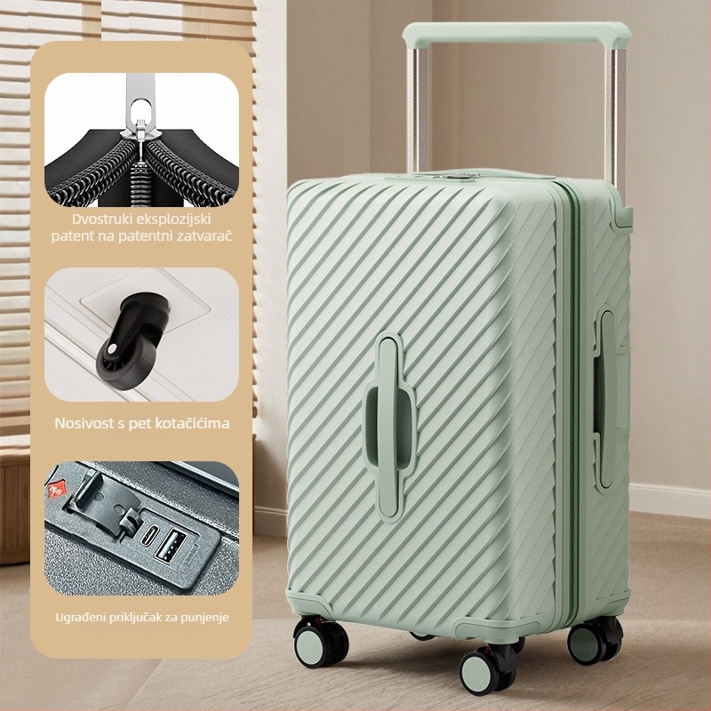 Putni kofer velikog kapaciteta sa širokom ručkom, ABS+PC materijal, univerzalni kotači, otvaranje na zip, običan kombinacijski zaključak