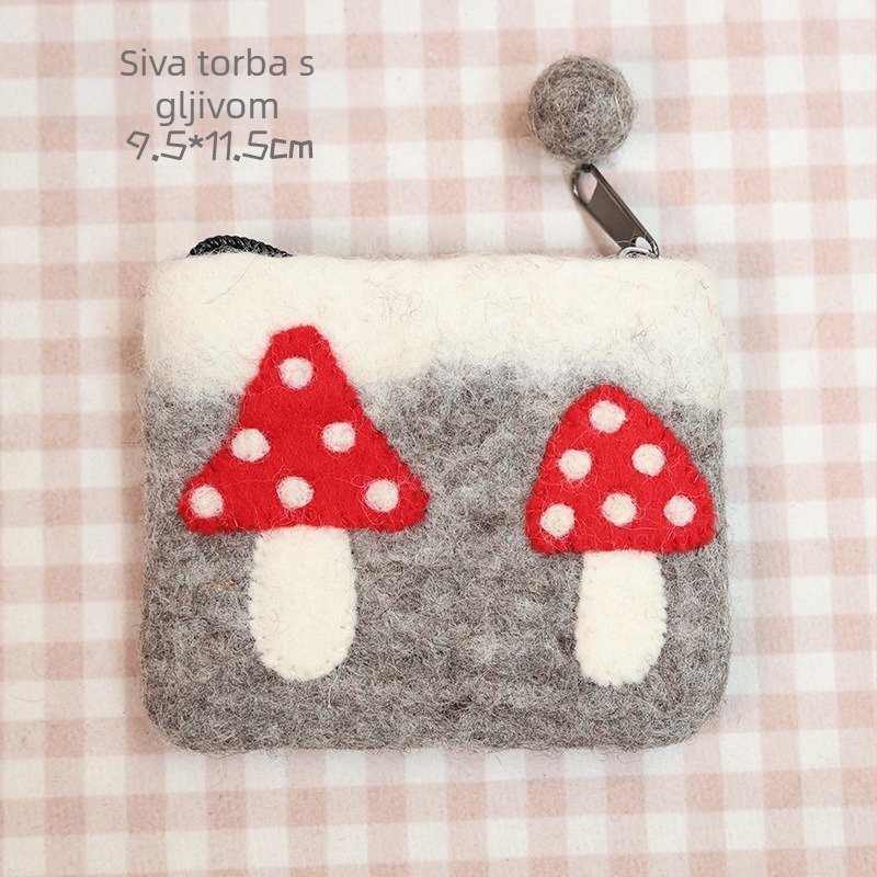 Novčanik za novčiće s motivom gljive, od filca, gradski jednostavan stil, podstava od poliestera
