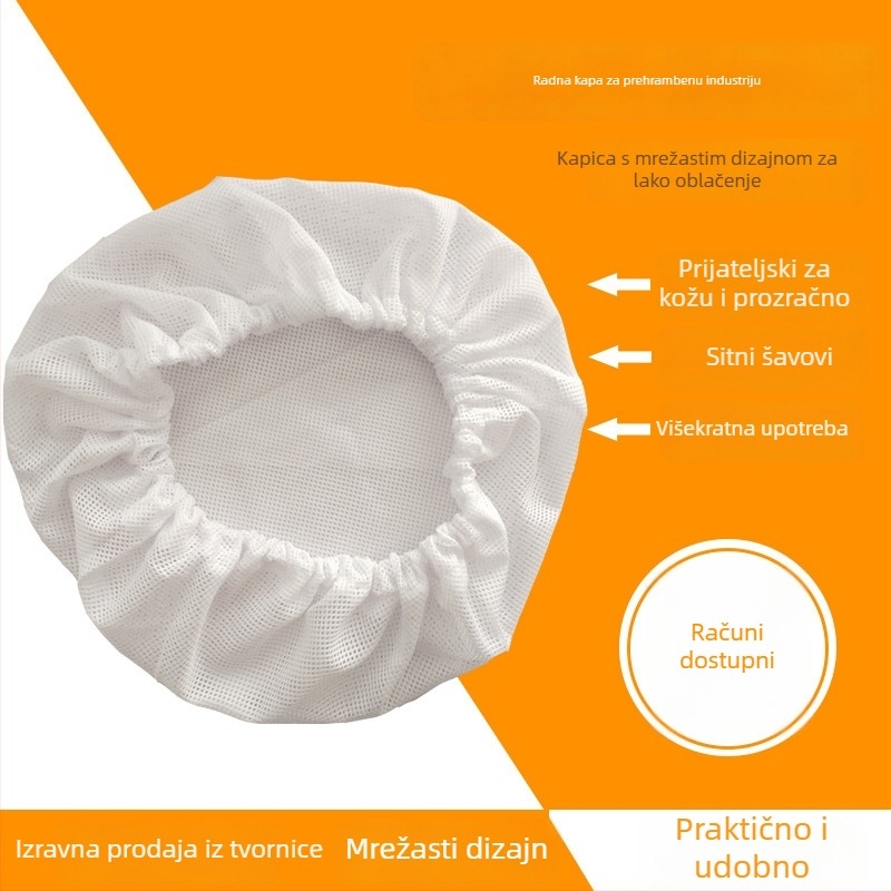 Prozračna mrežasta kapa za kosu, poliester-bavlna, zaštitna kapa za prehrambenu industriju, bijela