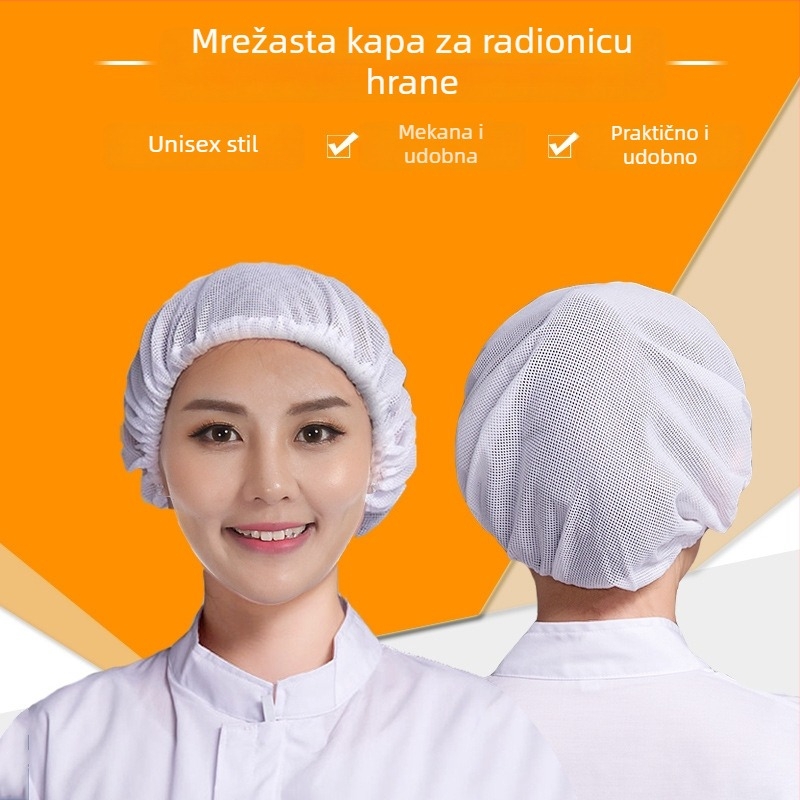 Prozračna mrežasta kapa za kosu, poliester-bavlna, zaštitna kapa za prehrambenu industriju, bijela