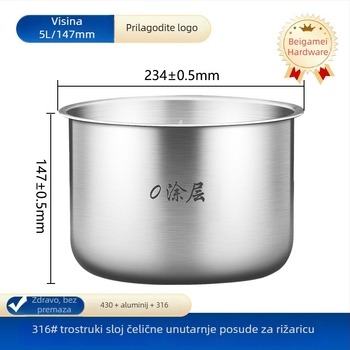 Joyoung unutarnji liner za kuhalo riže, kompatibilan s 2–6 L, bez premaza, nehrđajući čelik 304/316, grijaći dodatak, model Cysb 50 fcw 20 qt-100