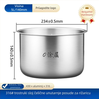 Joyoung unutarnji liner za kuhalo riže, kompatibilan s 2–6 L, bez premaza, nehrđajući čelik 304/316, grijaći dodatak, model Cysb 50 fcw 20 qt-100
