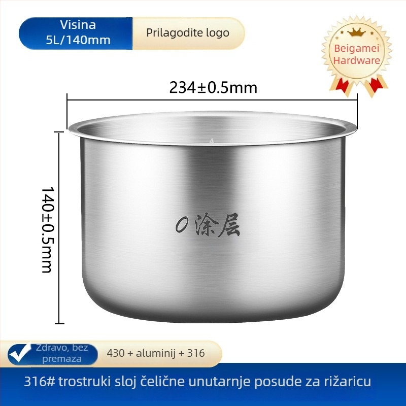 Joyoung unutarnji liner za kuhalo riže, kompatibilan s 2–6 L, bez premaza, nehrđajući čelik 304/316, grijaći dodatak, model Cysb 50 fcw 20 qt-100