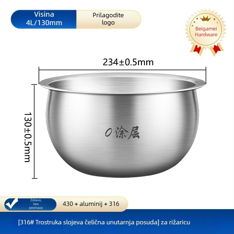 Joyoung unutarnji liner za kuhalo riže, kompatibilan s 2–6 L, bez premaza, nehrđajući čelik 304/316, grijaći dodatak, model Cysb 50 fcw 20 qt-100