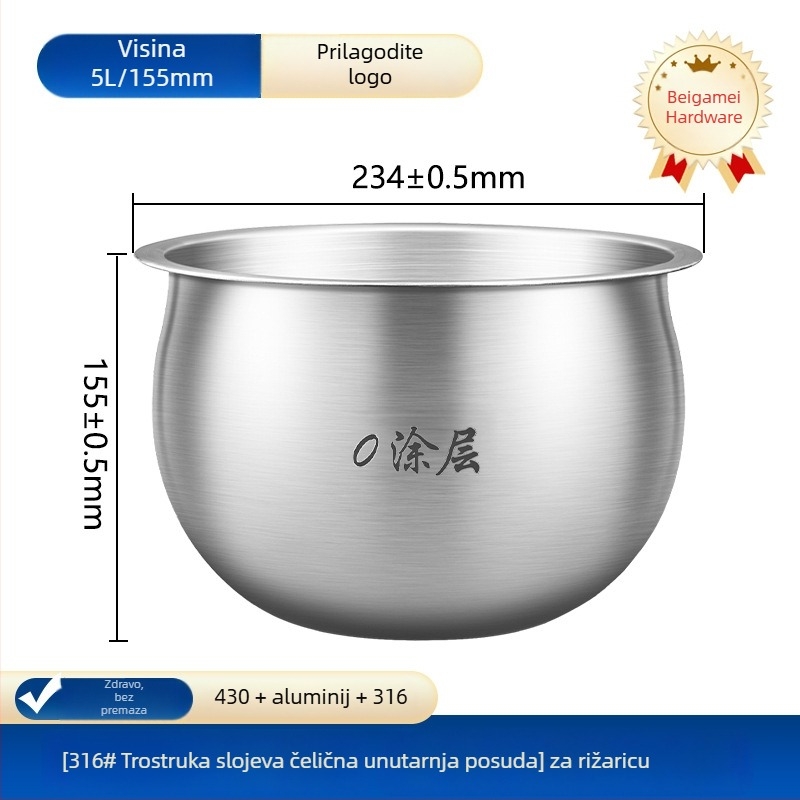 Joyoung unutarnji liner za kuhalo riže, kompatibilan s 2–6 L, bez premaza, nehrđajući čelik 304/316, grijaći dodatak, model Cysb 50 fcw 20 qt-100