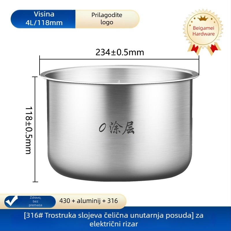 Joyoung unutarnji liner za kuhalo riže, kompatibilan s 2–6 L, bez premaza, nehrđajući čelik 304/316, grijaći dodatak, model Cysb 50 fcw 20 qt-100