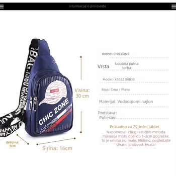 Muška prsna torba, višefunkcionalna, vodootporna od najlona, velika kapaciteta, kompatibilna s 8-inčnim prijenosnim računalom