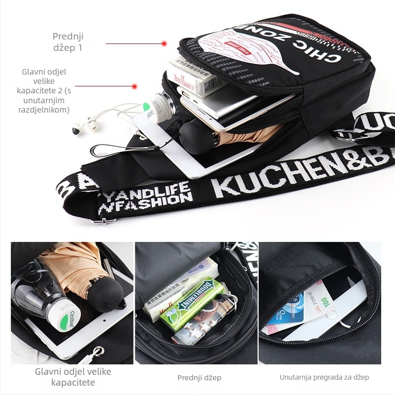 Muška prsna torba, višefunkcionalna, vodootporna od najlona, velika kapaciteta, kompatibilna s 8-inčnim prijenosnim računalom