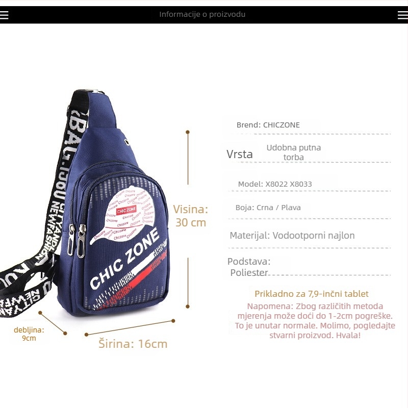 Muška prsna torba, višefunkcionalna, vodootporna od najlona, velika kapaciteta, kompatibilna s 8-inčnim prijenosnim računalom