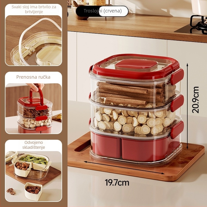 Višeslojna kutija za začine, set od 5 posuda, kapacitet 1 L, materijal ABS/PET, kuhinjski organizator začina