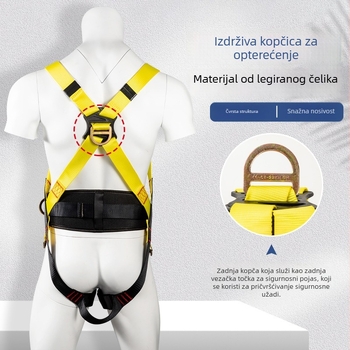 Sigurnosni pojas s pet točaka - cijelo tijelo, zaštita od pada pri visokoj visini, dvostruki kukica, poliester, nosivost 100 kg, podesiva duljina užeta