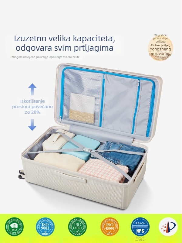 Putni kofer s debelim tijelom i velikim kapacitetom, otporan na padove, dvostruko slojni zatvarač otporan na eksplozije, PC materijal, univerzalni kotači