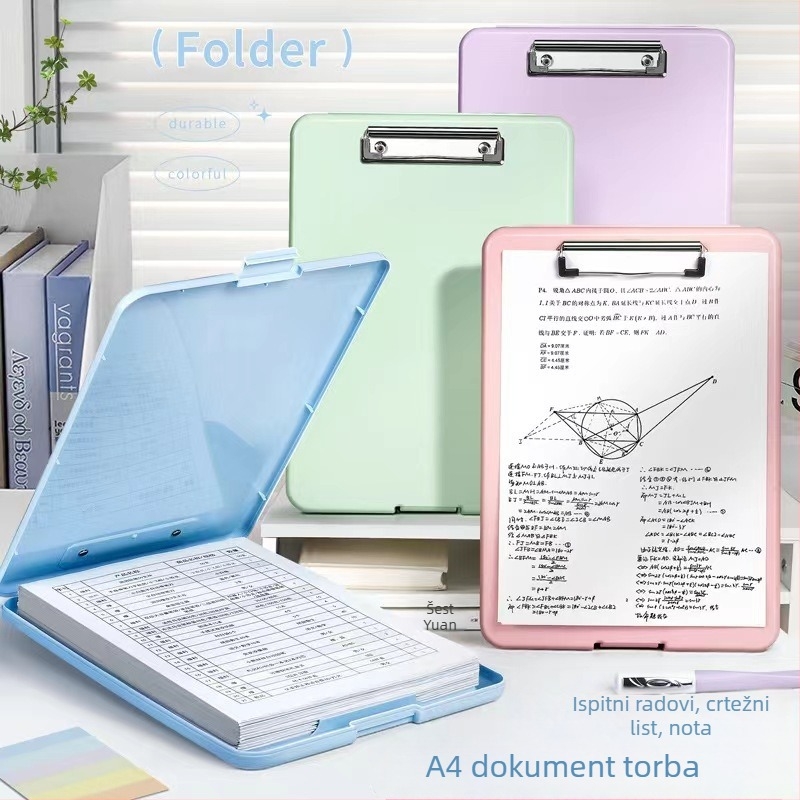 Yunyu plastični višenamjenski folder s pločom za pisanje i spremnikom za ispite za učenike; snažan mehanizam klamranja + pločasti klip; kompatibilan sa standardnim papirom; debljina ploče 25 mm