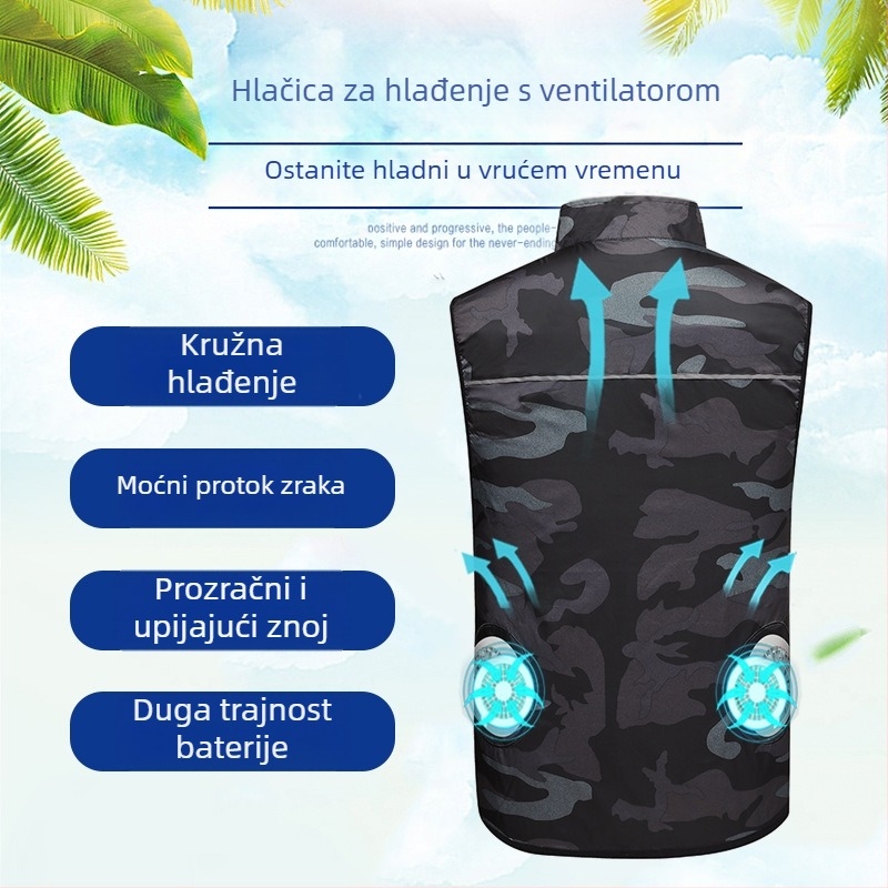 Vesta s ventilatorom za ljeto, bez rukava, rad na otvorenom, 100% poliester